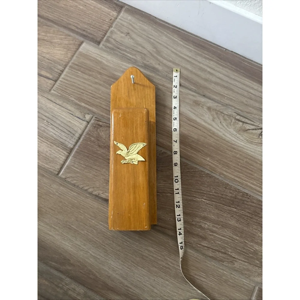 Vintage Rustic Wall Mount Wooden Long‎ Match Holder Box Brass Eagle 14.25